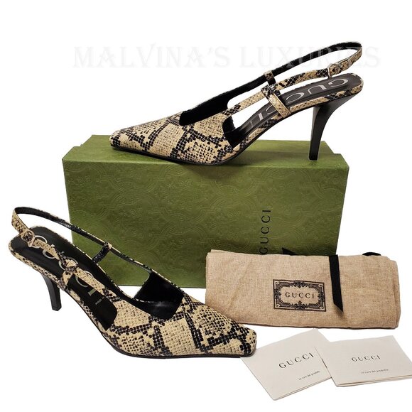 GUCCI SHOES MID HEEL SLINGBACK PUMPS PYTHON PRINT LEATHER G LOGO sz 41 11 - Picture 14 of 15
